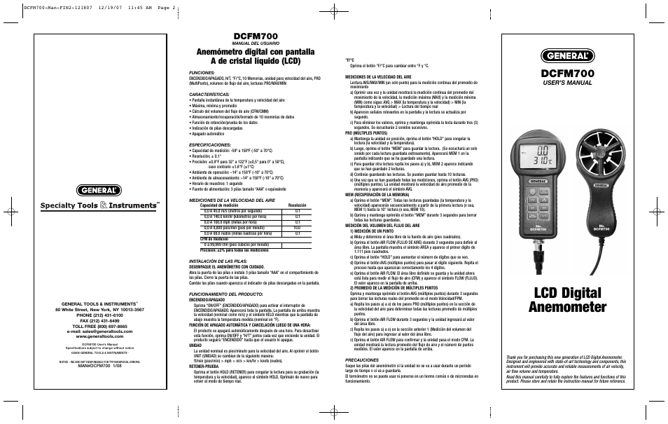 Lcd digital anemometer, Dcfm700, User’s manual | General Tools and Instruments DCFM700 User Manual | Page 2 / 2