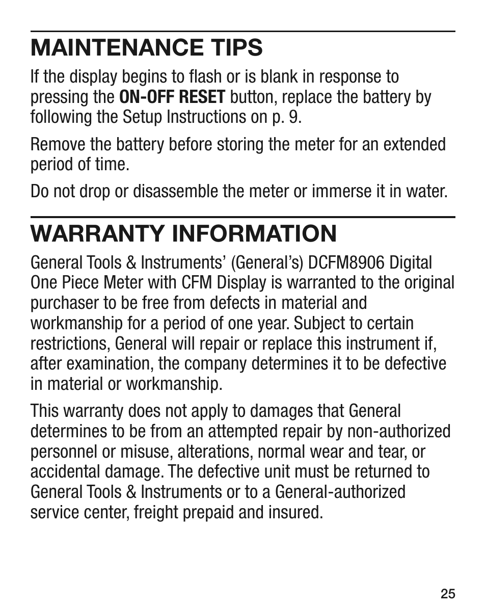 Maintenance tips, Warranty information | General Tools and Instruments DCFM8906 v.1 User Manual | Page 25 / 28