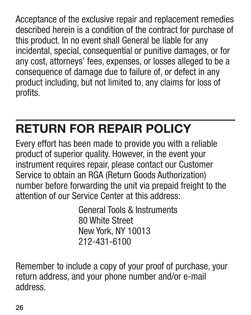 Return for repair policy | General Tools and Instruments DCFM8906 v.1 User Manual | Page 26 / 28