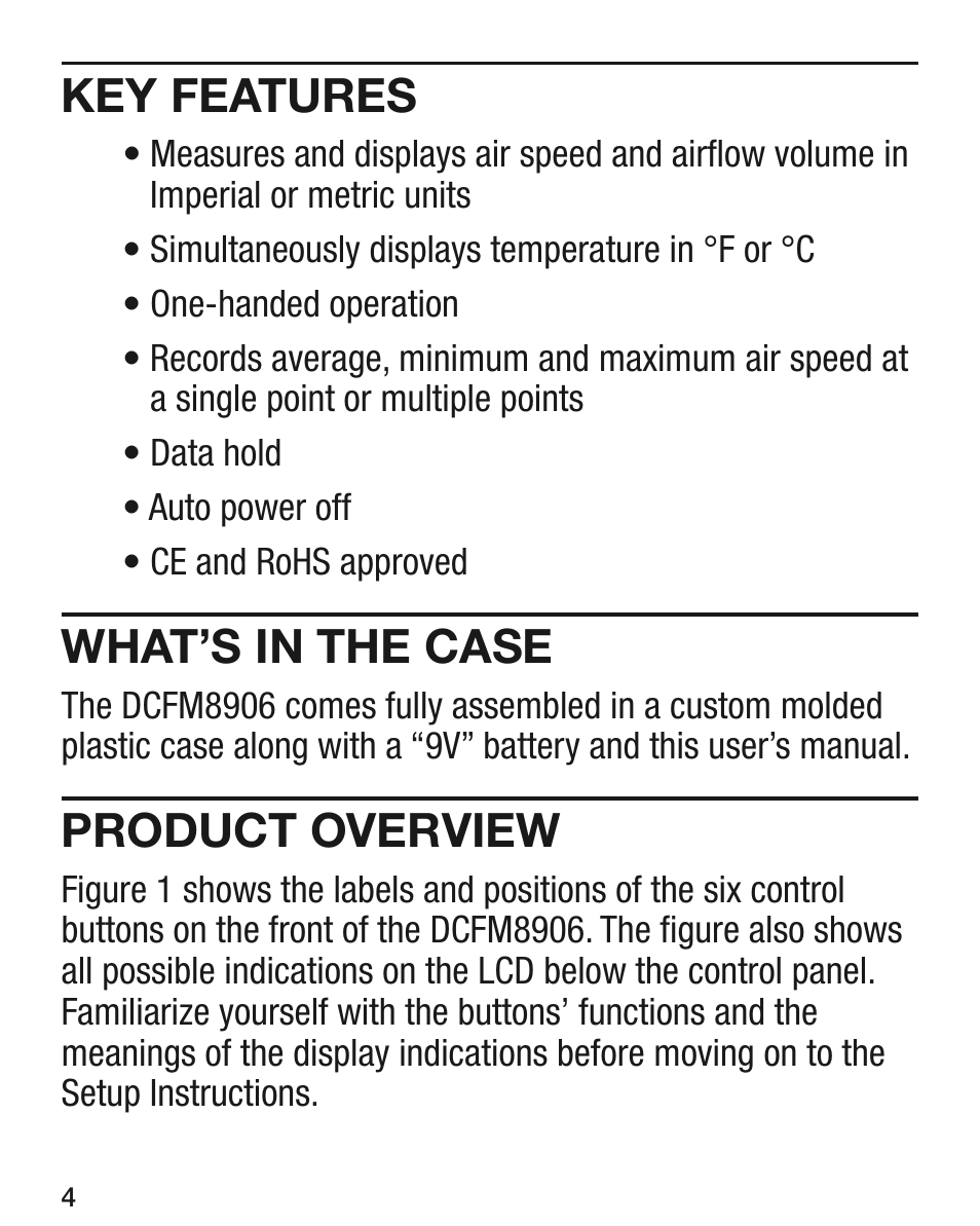 Key features, What’s in the case, Product overview | General Tools and Instruments DCFM8906 v.1 User Manual | Page 4 / 28