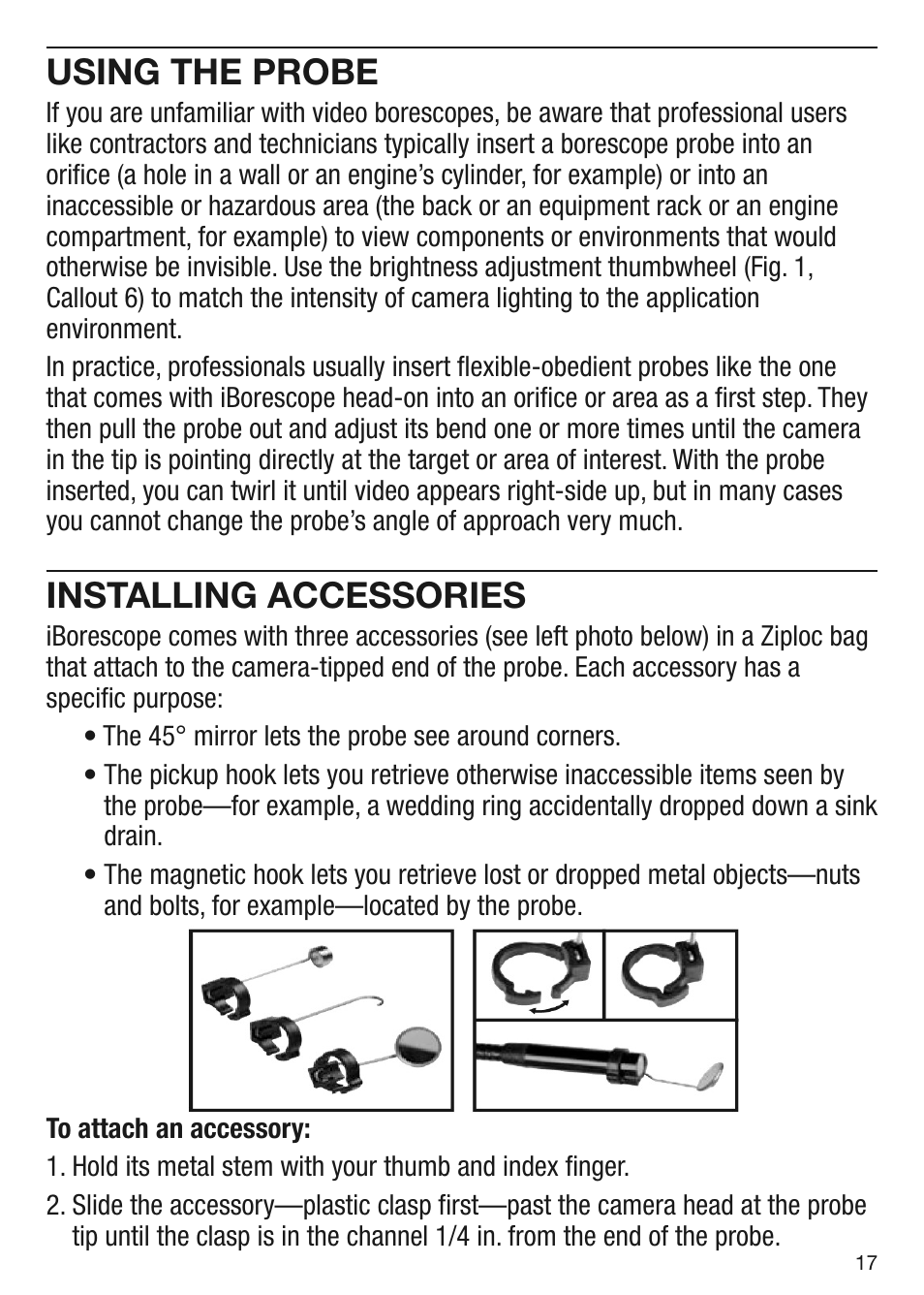 Using the probe, Installing accessories | General Tools and Instruments DCiS1 v.1 User Manual | Page 17 / 20