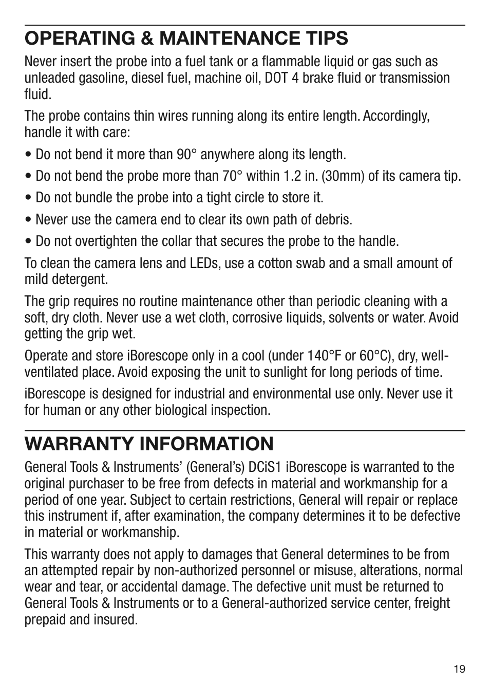 Operating & maintenance tips, Warranty information | General Tools and Instruments DCiS1 v.1 User Manual | Page 19 / 20