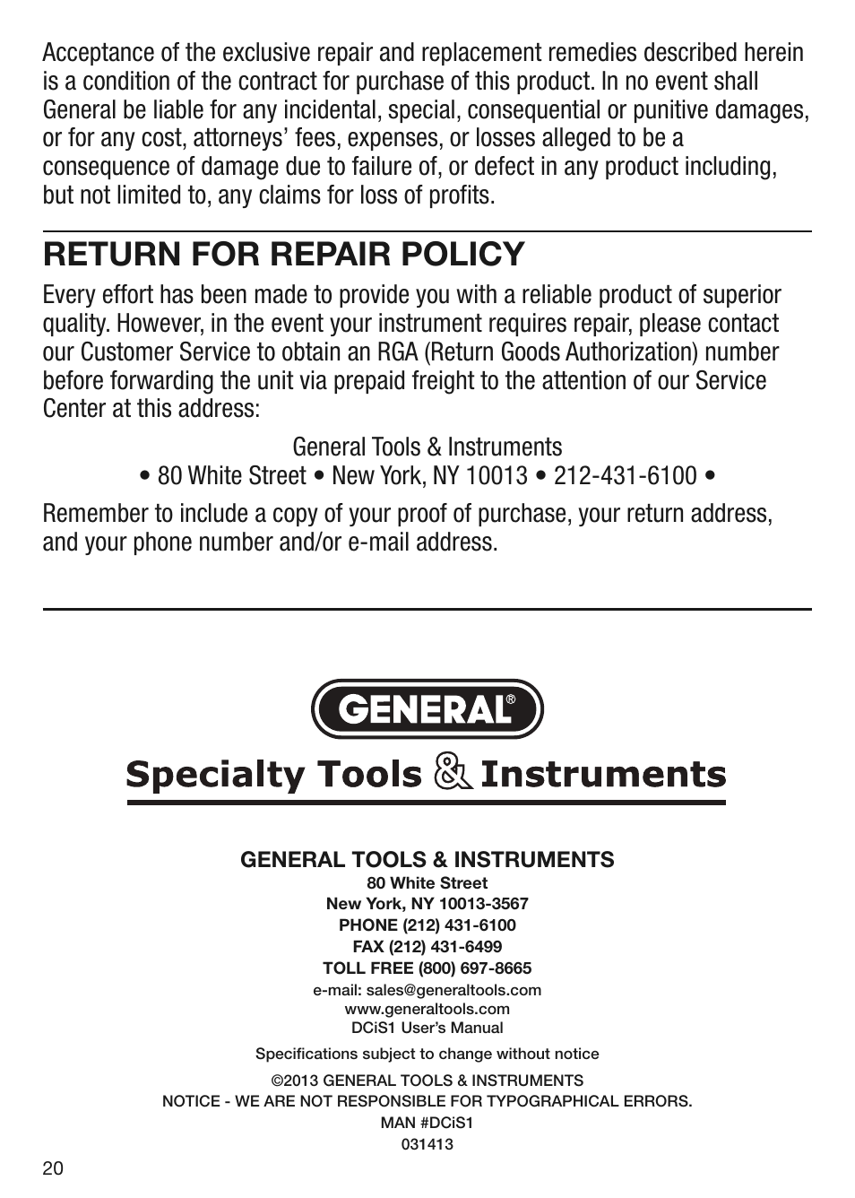 Return for repair policy | General Tools and Instruments DCiS1 v.1 User Manual | Page 20 / 20