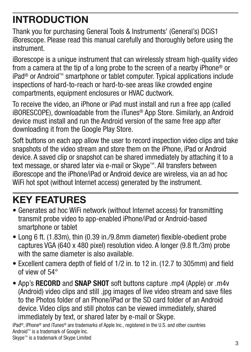 Introduction, Key features, Or ipad | Or android | General Tools and Instruments DCiS1 v.1 User Manual | Page 3 / 20