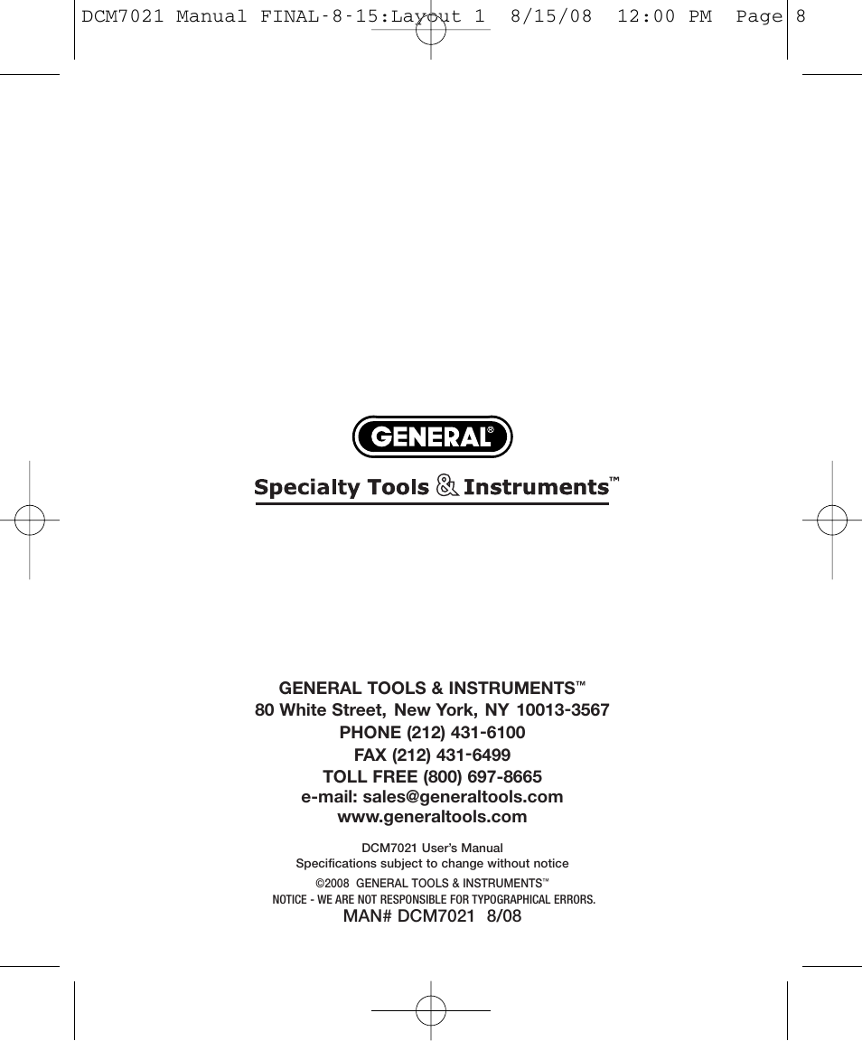 General Tools and Instruments DCM7021 User Manual | Page 8 / 8