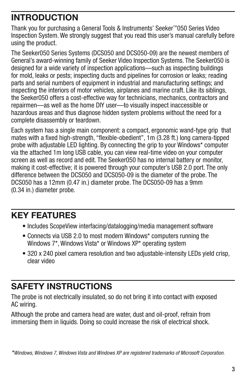 Introduction, Key features, Safety instructions | General Tools and Instruments DCS050 User Manual | Page 3 / 12