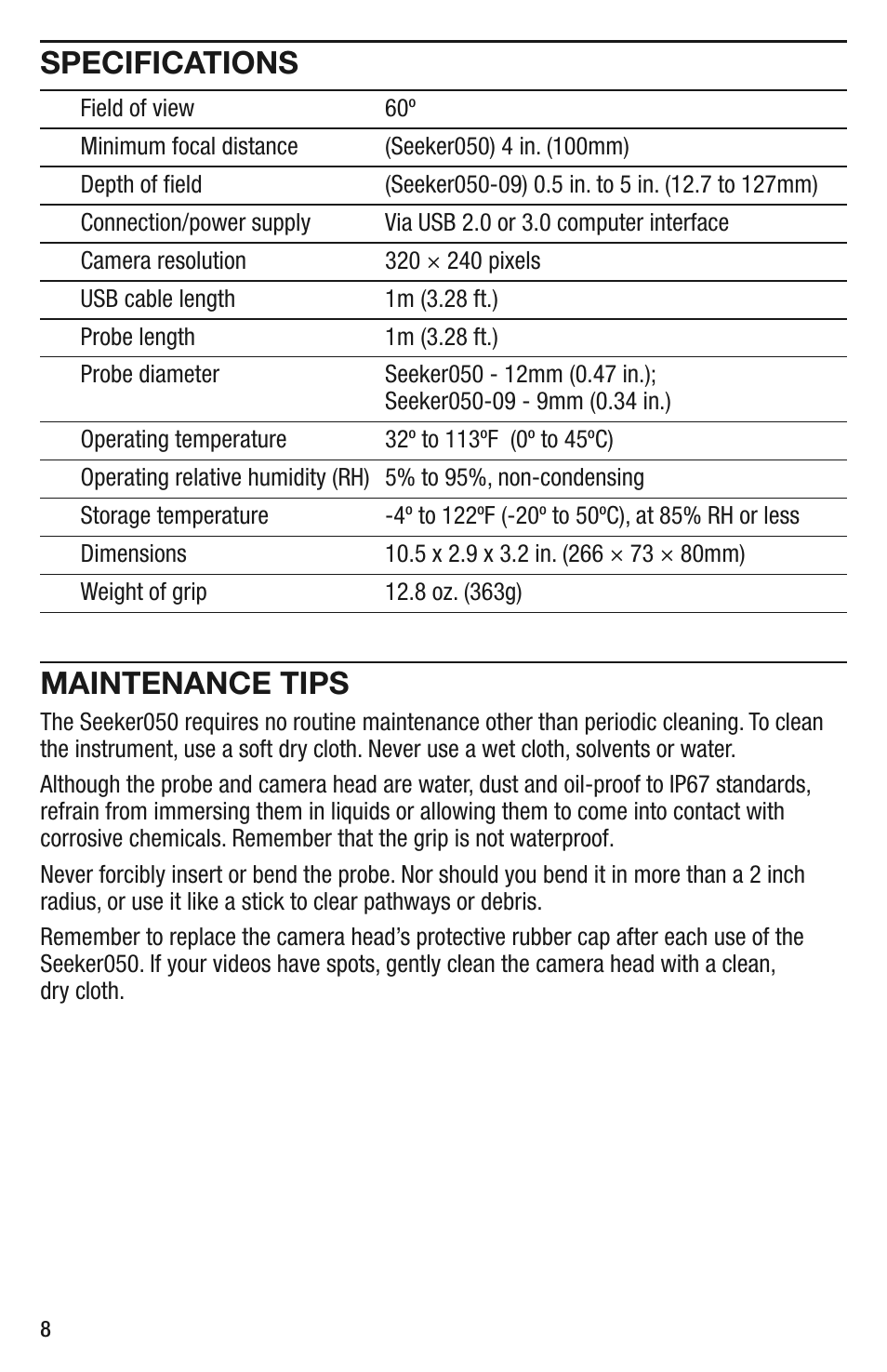 Specifications, Maintenance tips | General Tools and Instruments DCS050 User Manual | Page 8 / 12