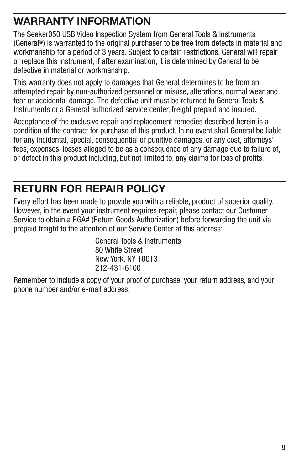 Warranty information, Return for repair policy | General Tools and Instruments DCS050 User Manual | Page 9 / 12