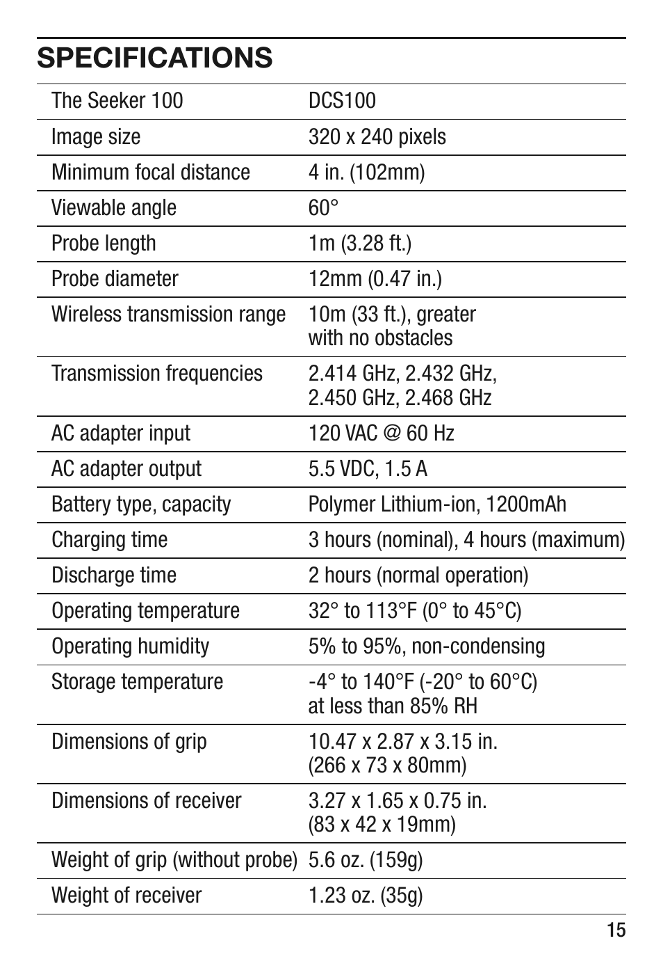 Specifications | General Tools and Instruments DCS100 User Manual | Page 15 / 20