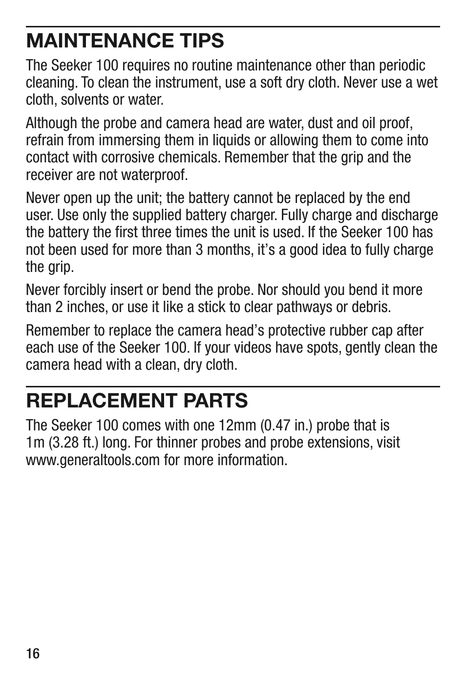 Maintenance tips, Replacement parts | General Tools and Instruments DCS100 User Manual | Page 16 / 20