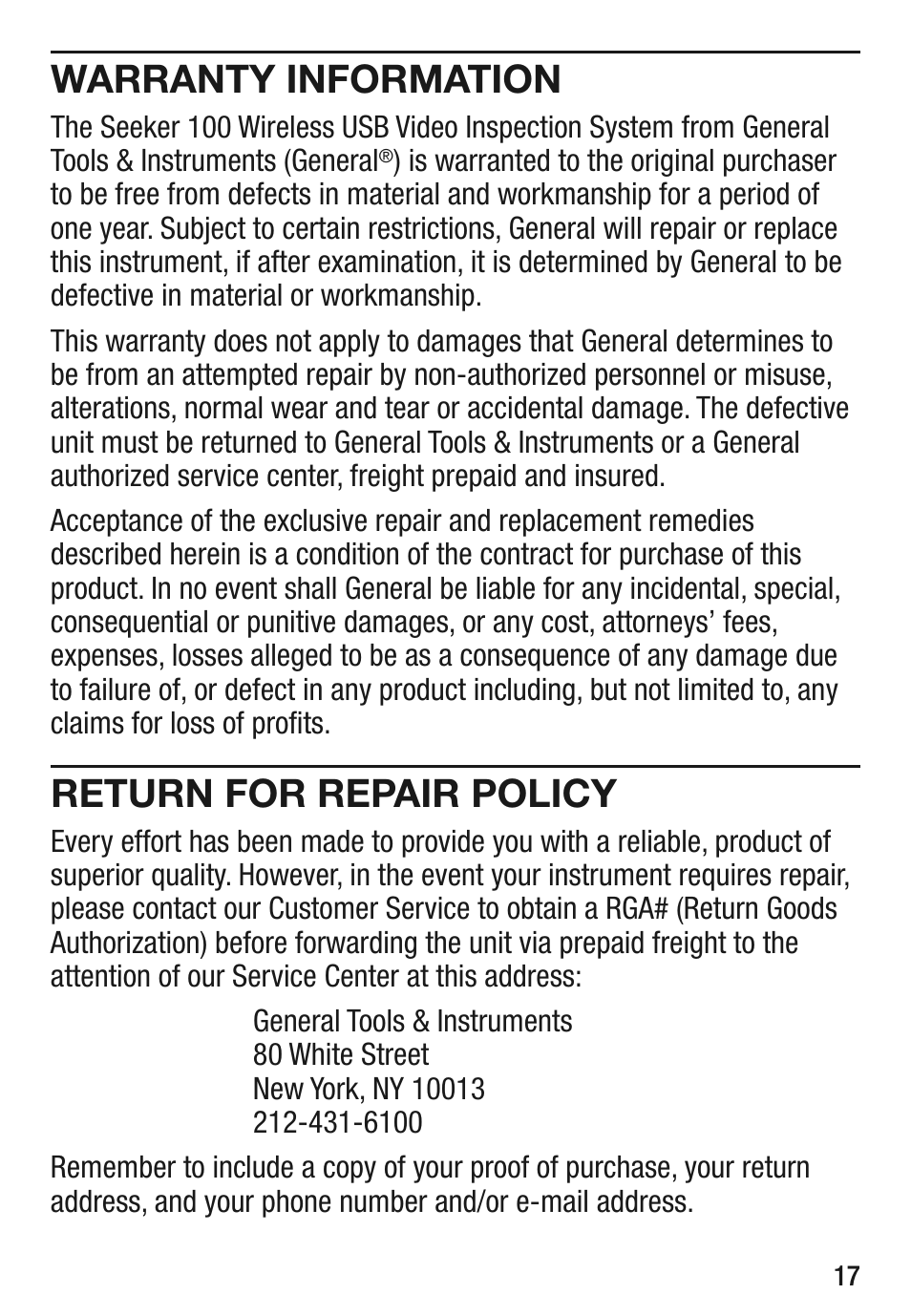 Warranty information, Return for repair policy | General Tools and Instruments DCS100 User Manual | Page 17 / 20