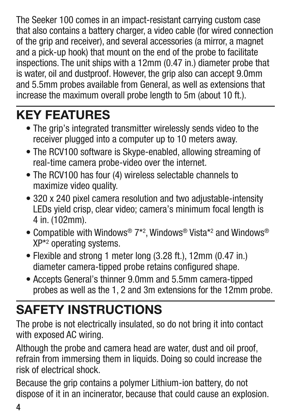 Key features, Safety instructions | General Tools and Instruments DCS100 User Manual | Page 4 / 20