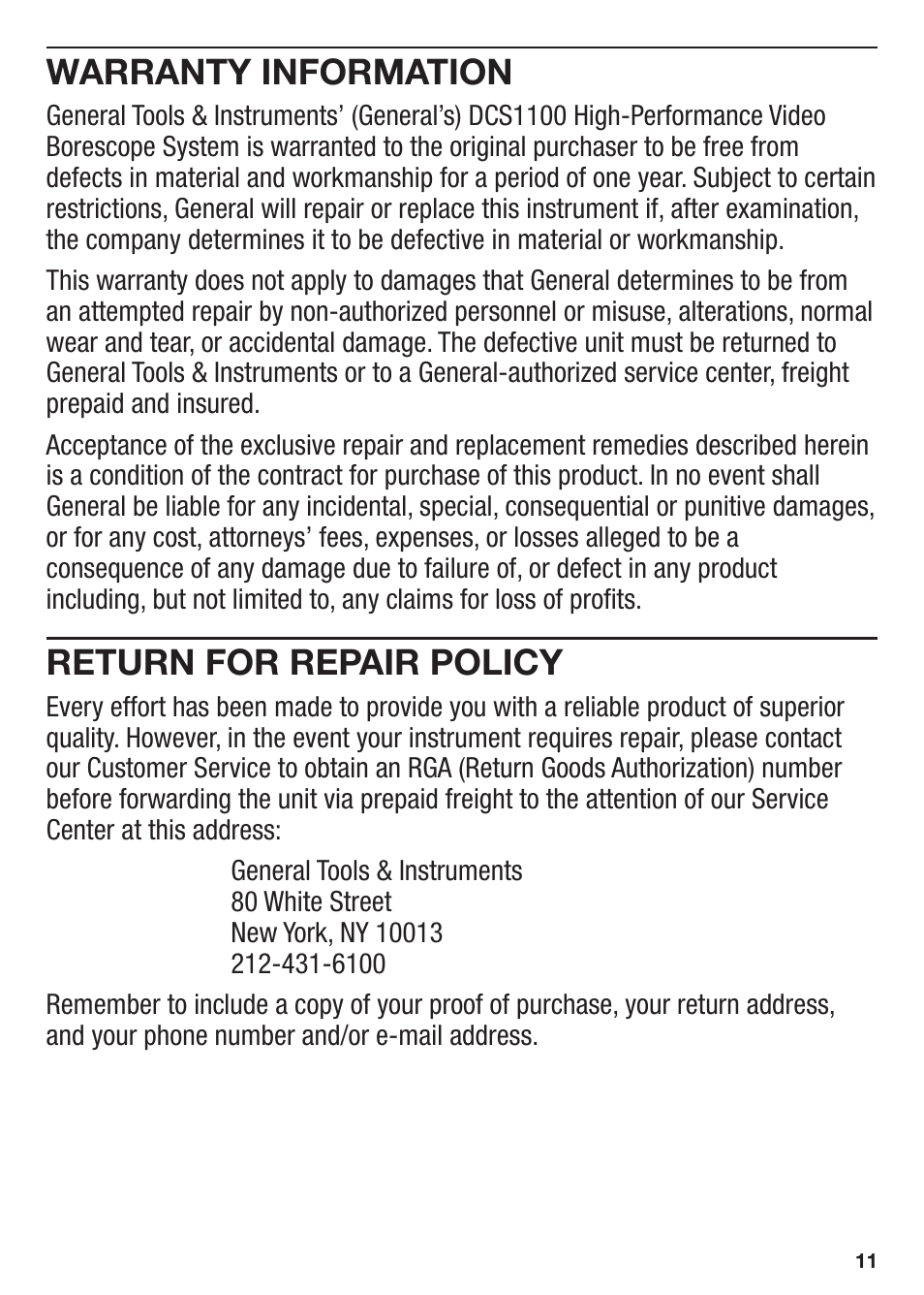Warranty information, Return for repair policy | General Tools and Instruments DCS1100 User Manual | Page 11 / 12