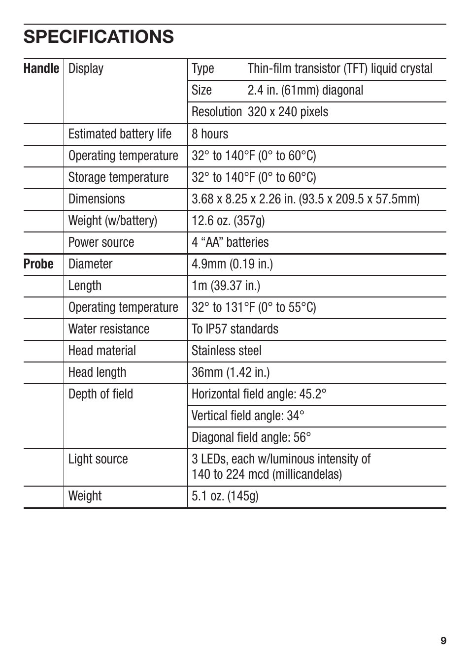 Specifications | General Tools and Instruments DCS1100 User Manual | Page 9 / 12