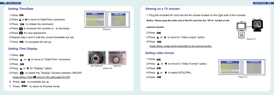 Viewing on a tv monitor, Setting video format, Setting time/date | Setting time display | General Tools and Instruments DCS1500 User Manual | Page 6 / 11