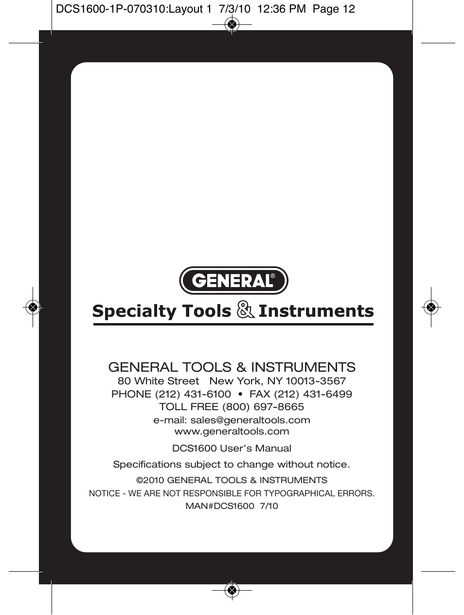 General tools & instruments | General Tools and Instruments DCS1600ART User Manual | Page 12 / 12