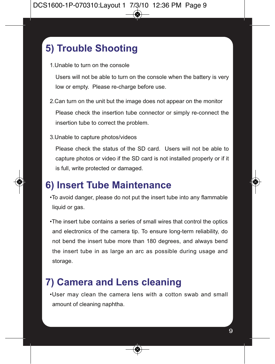 5) trouble shooting, 6) insert tube maintenance, 7) camera and lens cleaning | General Tools and Instruments DCS1600ART User Manual | Page 9 / 12