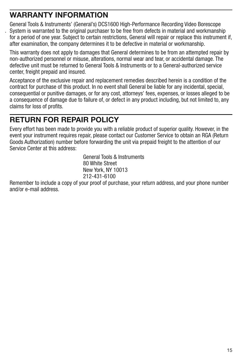 Warranty information, Return for repair policy | General Tools and Instruments DCS1600 User Manual | Page 15 / 16