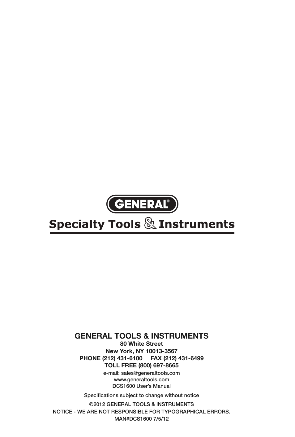 General tools & instruments | General Tools and Instruments DCS1600 User Manual | Page 16 / 16