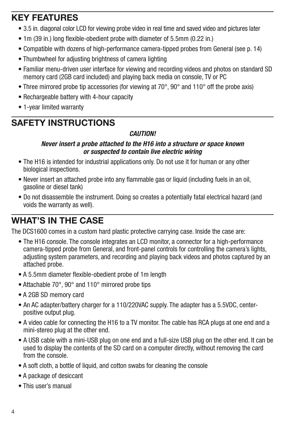 Key features, Safety instructions, What’s in the case | General Tools and Instruments DCS1600 User Manual | Page 4 / 16