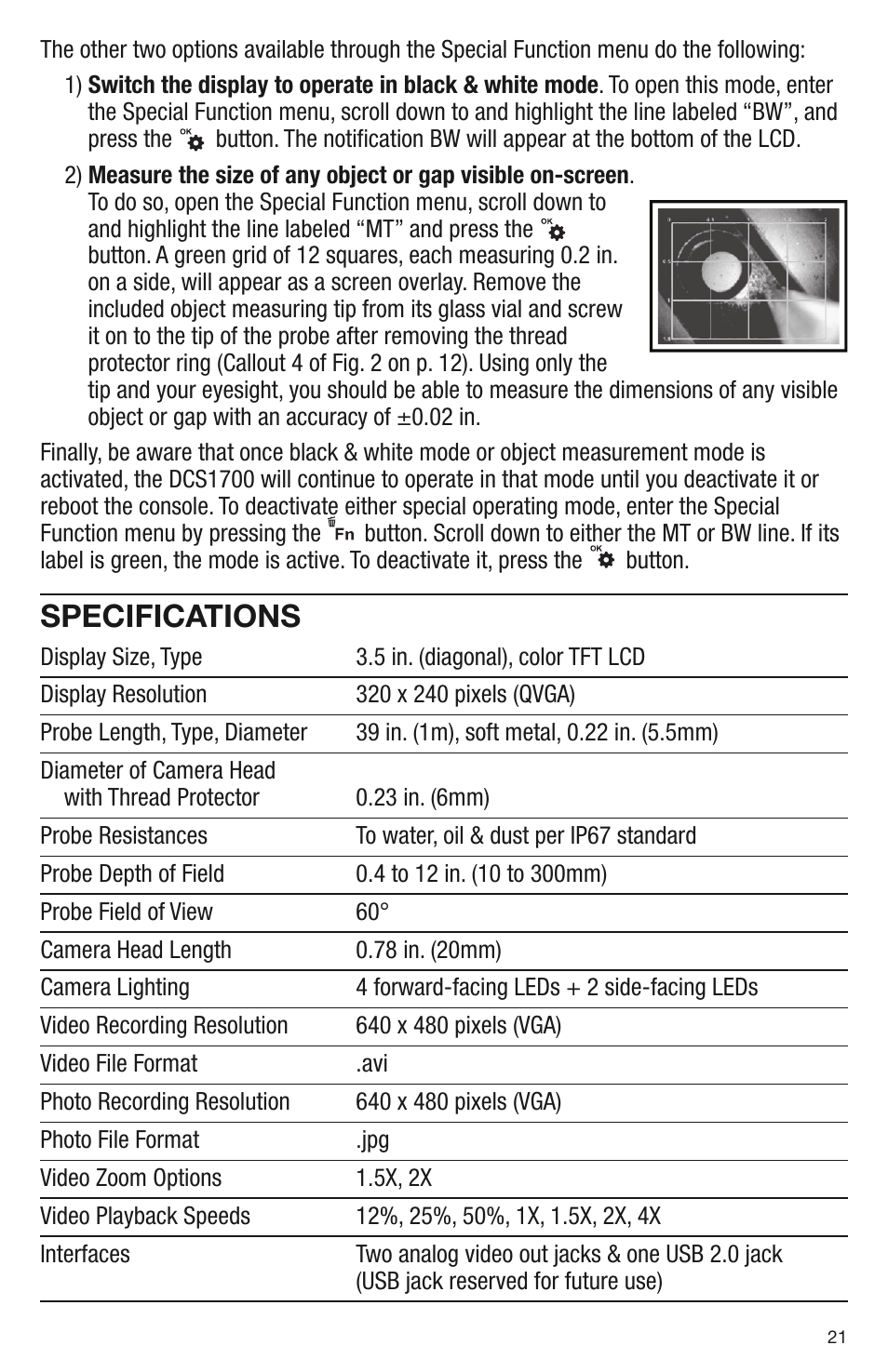 Specifications | General Tools and Instruments DCS1700 v.1 User Manual | Page 21 / 28