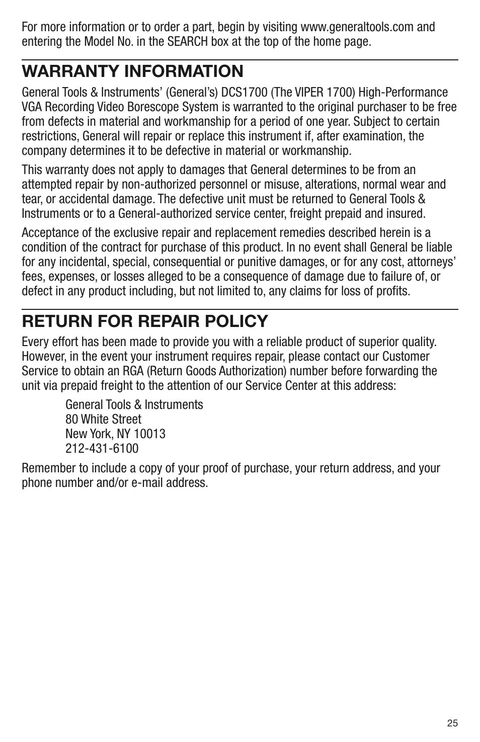 Warranty information, Return for repair policy | General Tools and Instruments DCS1700 v.1 User Manual | Page 25 / 28