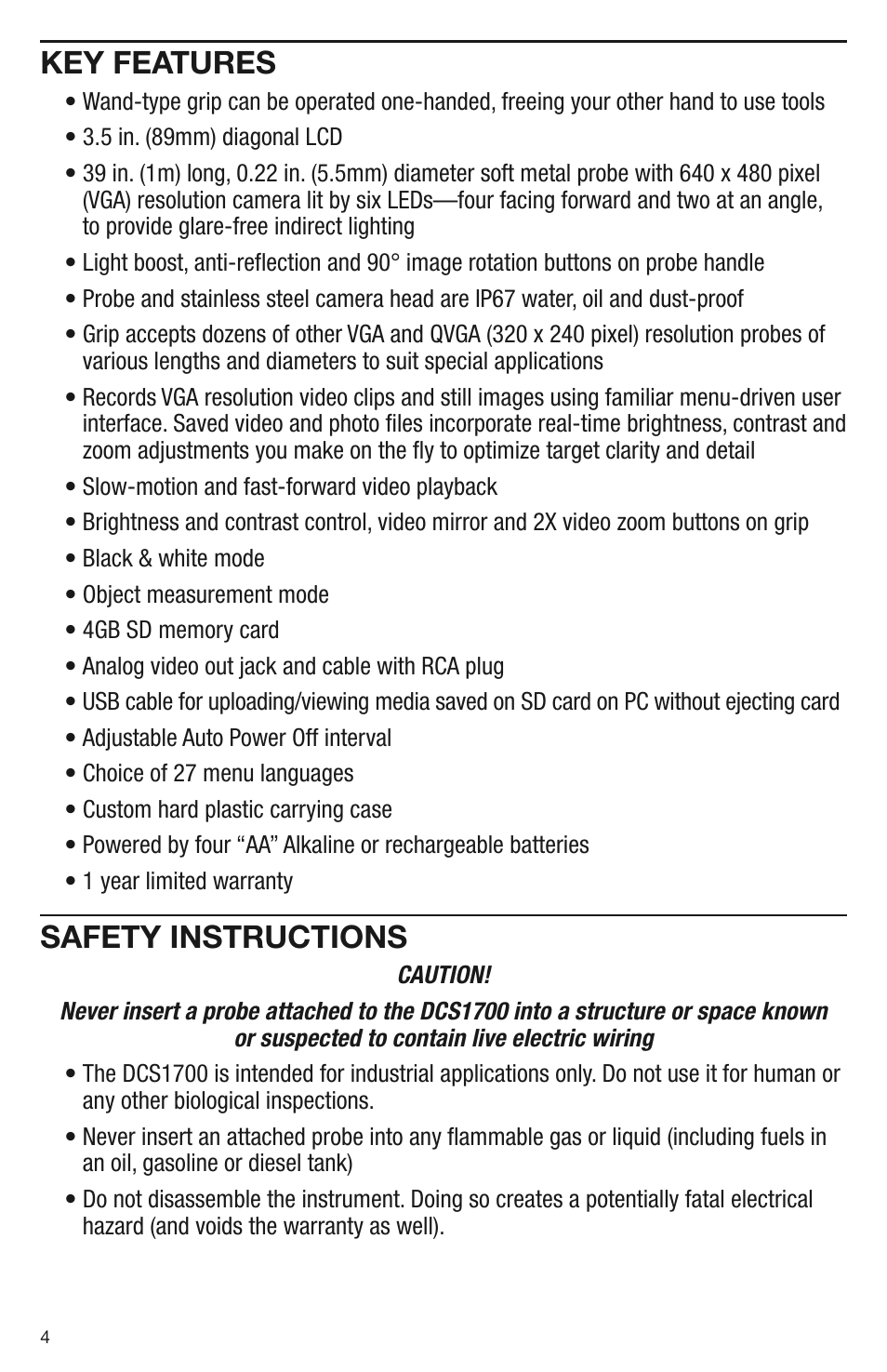 Key features, Safety instructions | General Tools and Instruments DCS1700 v.1 User Manual | Page 4 / 28
