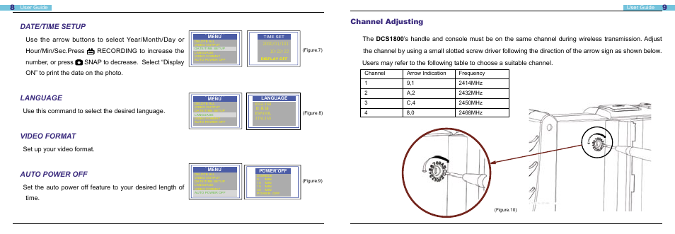 Date/time setup, Language, Video format | Auto power off, Channel adjusting | General Tools and Instruments DCS1800 User Manual | Page 5 / 13