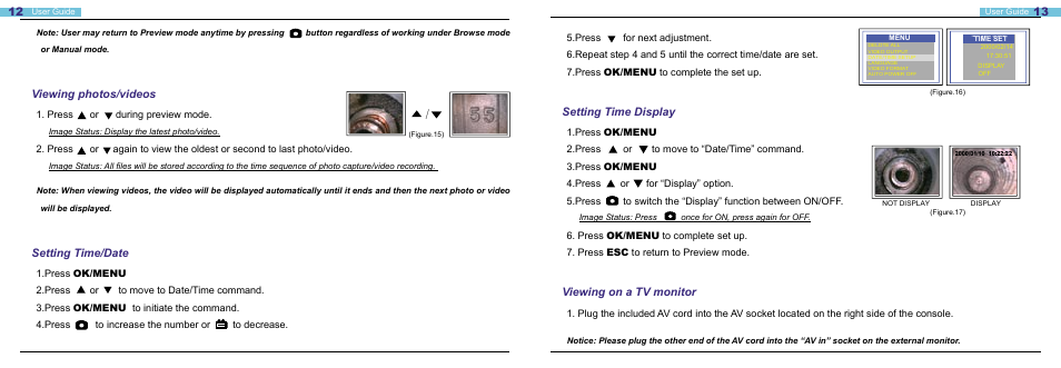 Setting time display, Viewing on a tv monitor, Viewing photos/videos | Setting time/date | General Tools and Instruments DCS1800 User Manual | Page 7 / 13