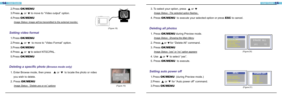 Setting video format, Deleting a specific photo, Deleting all photos | Setting auto power off | General Tools and Instruments DCS1800 User Manual | Page 8 / 13