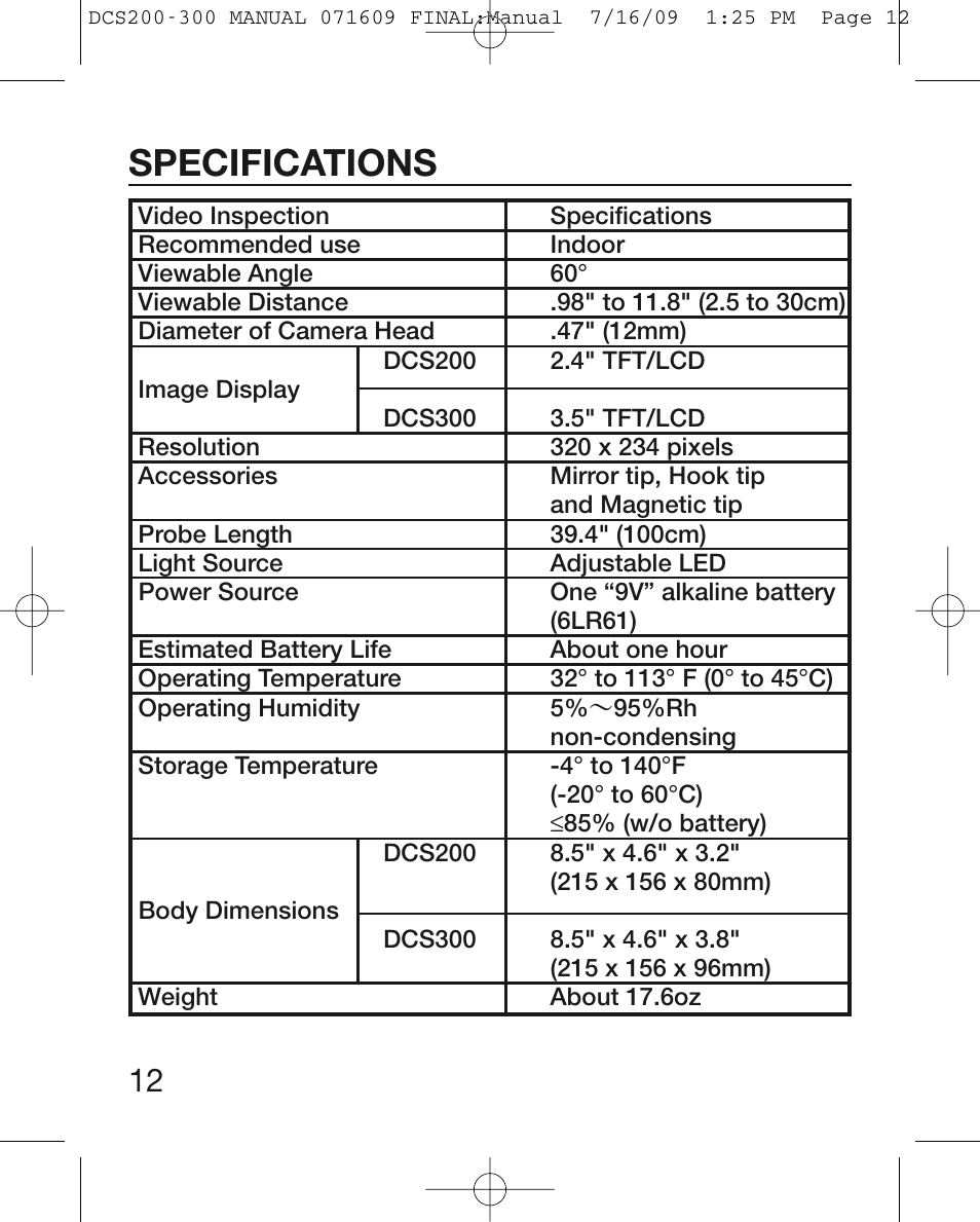 Specifications | General Tools and Instruments DCS300 User Manual | Page 12 / 16