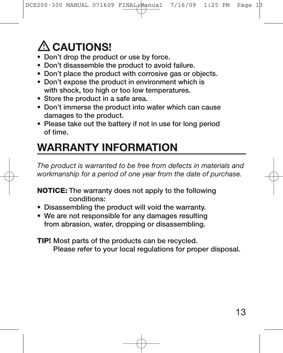 Cautions, Warranty information | General Tools and Instruments DCS300 User Manual | Page 13 / 16