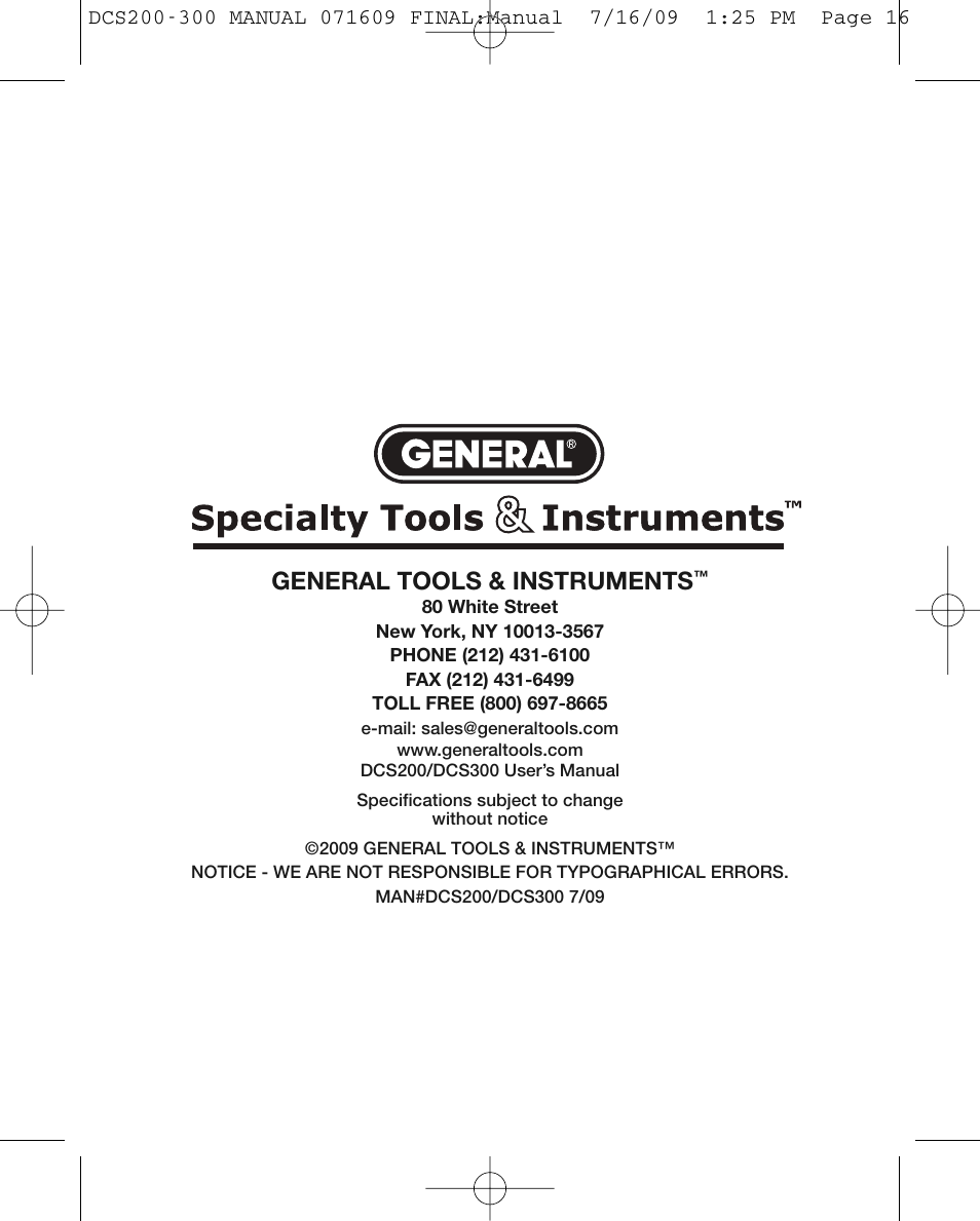 General tools & instruments | General Tools and Instruments DCS300 User Manual | Page 16 / 16