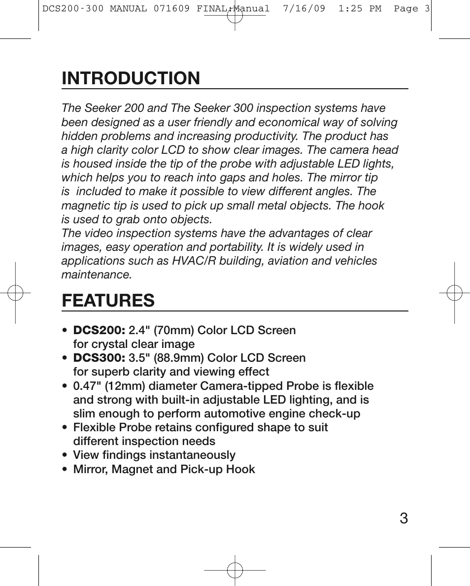 Introduction, Features | General Tools and Instruments DCS300 User Manual | Page 3 / 16