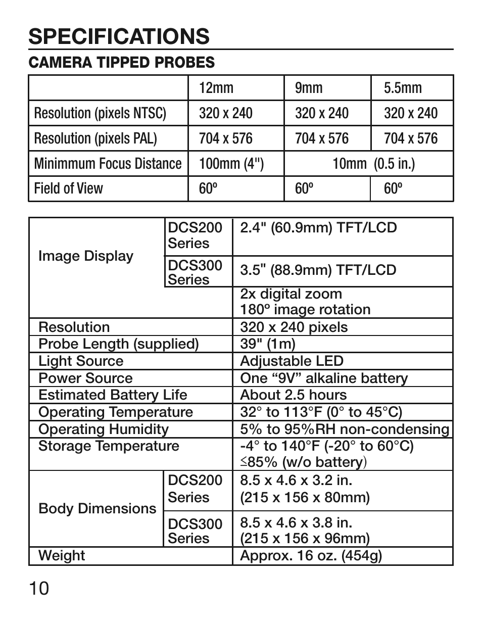 Specifications | General Tools and Instruments DCS300/DCS300-09/DCS355 User Manual | Page 10 / 12