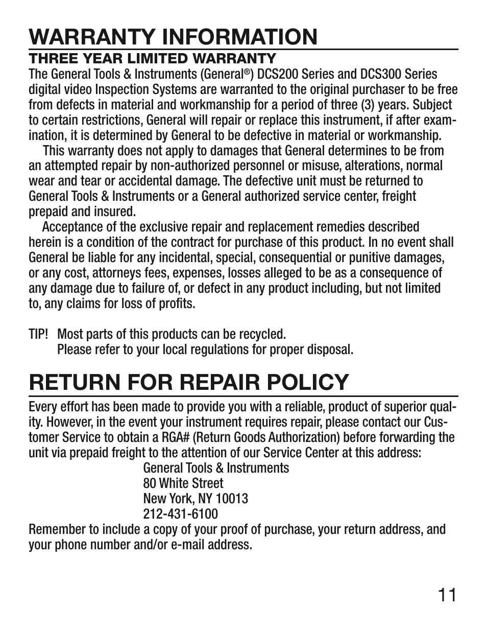 Warranty information, Return for repair policy | General Tools and Instruments DCS300/DCS300-09/DCS355 User Manual | Page 11 / 12