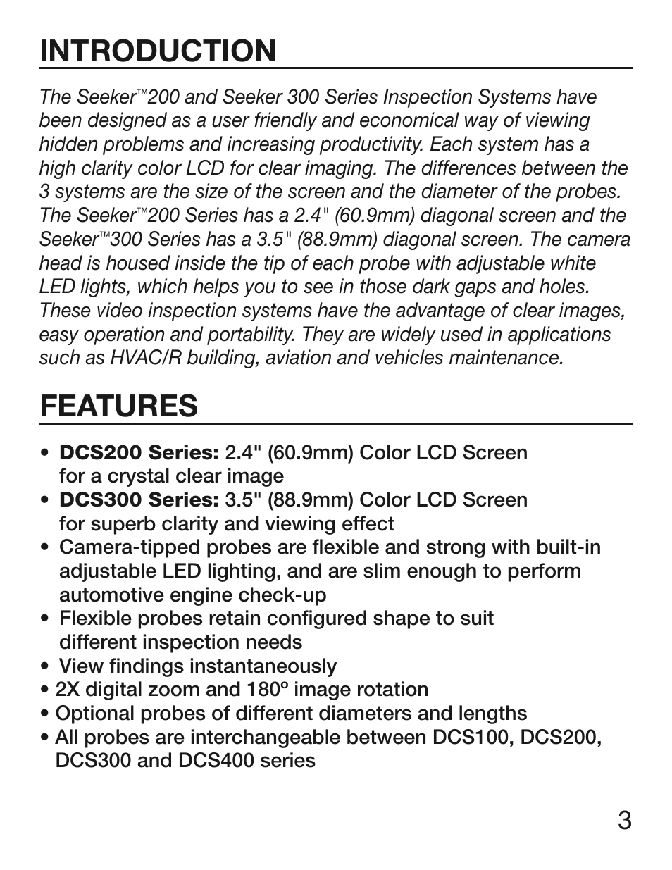 Introduction, Features | General Tools and Instruments DCS300/DCS300-09/DCS355 User Manual | Page 3 / 12