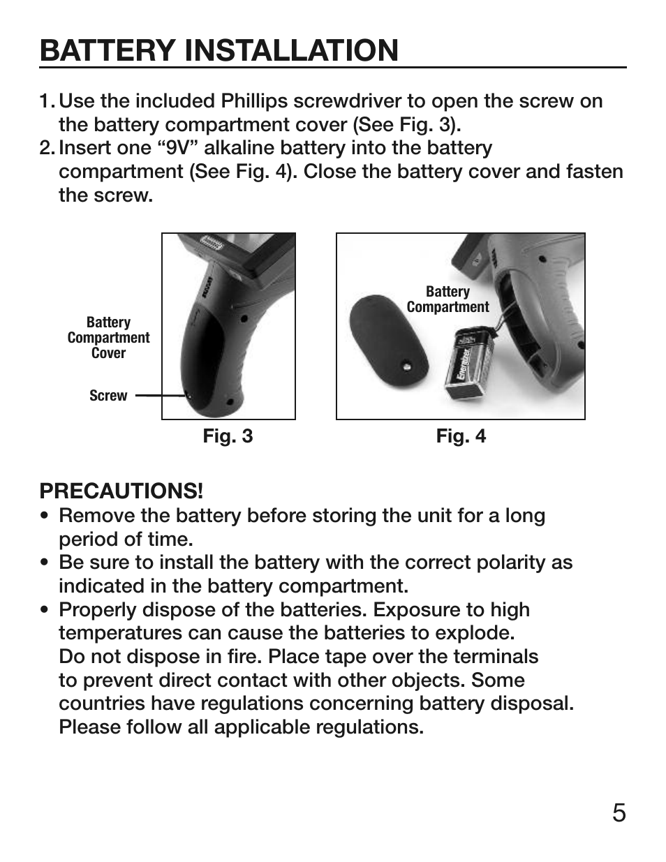Battery installation, Precautions | General Tools and Instruments DCS300/DCS300-09/DCS355 User Manual | Page 5 / 12