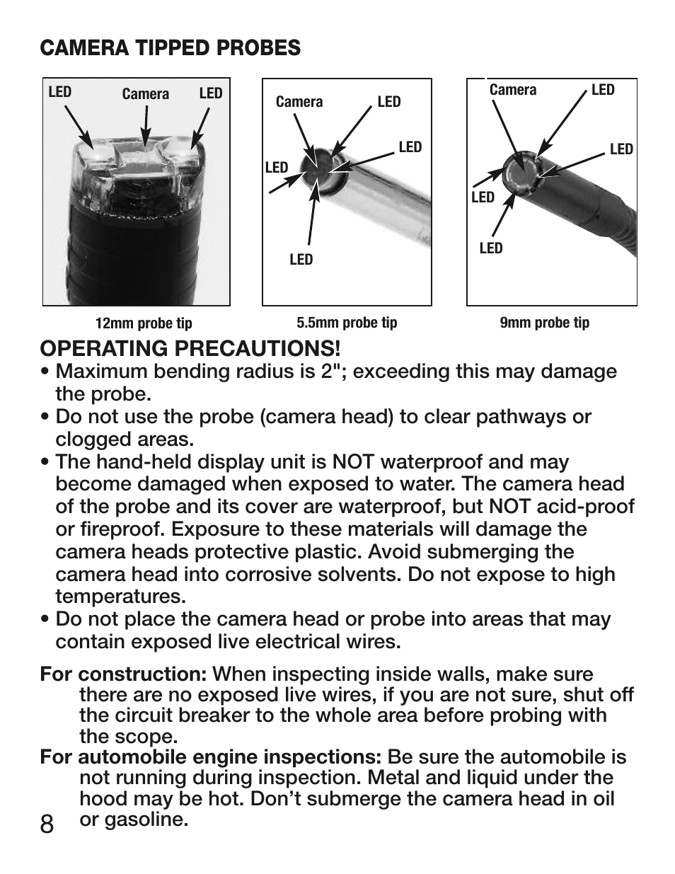 Operating precautions, Camera tipped probes | General Tools and Instruments DCS300/DCS300-09/DCS355 User Manual | Page 8 / 12