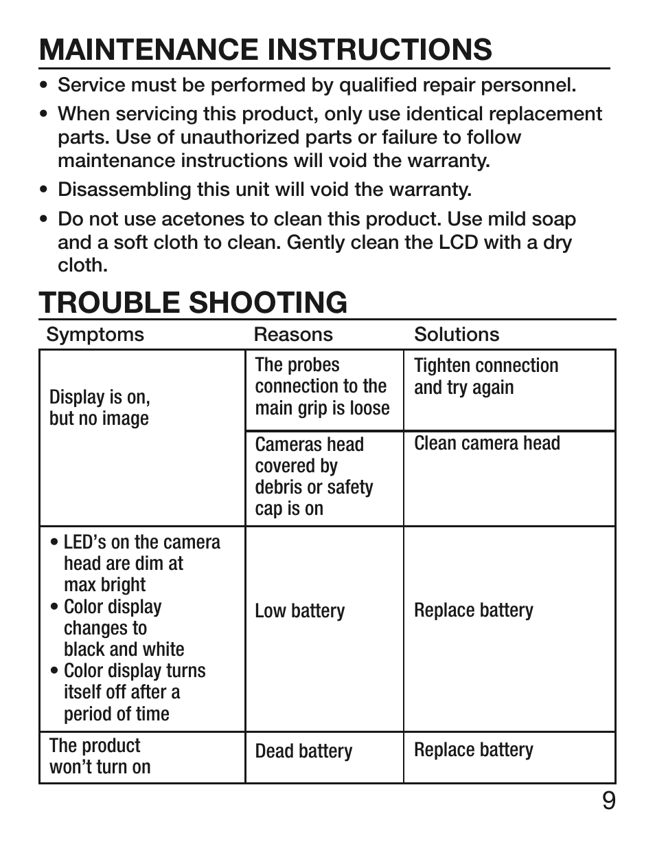Trouble shooting, Maintenance instructions | General Tools and Instruments DCS300/DCS300-09/DCS355 User Manual | Page 9 / 12