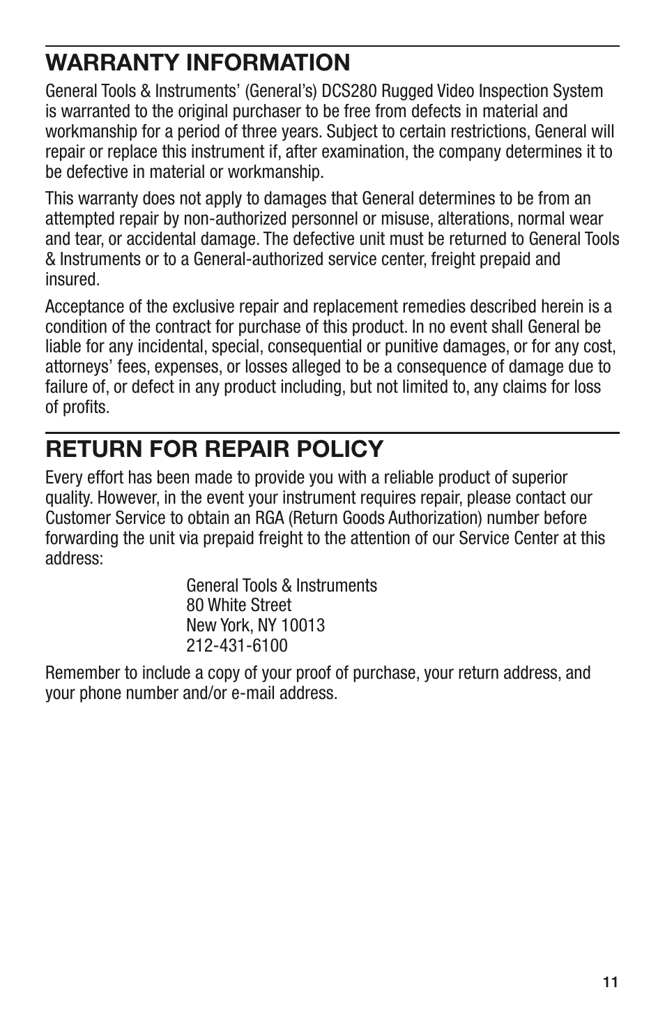Warranty information, Return for repair policy | General Tools and Instruments DCS280 User Manual | Page 11 / 36