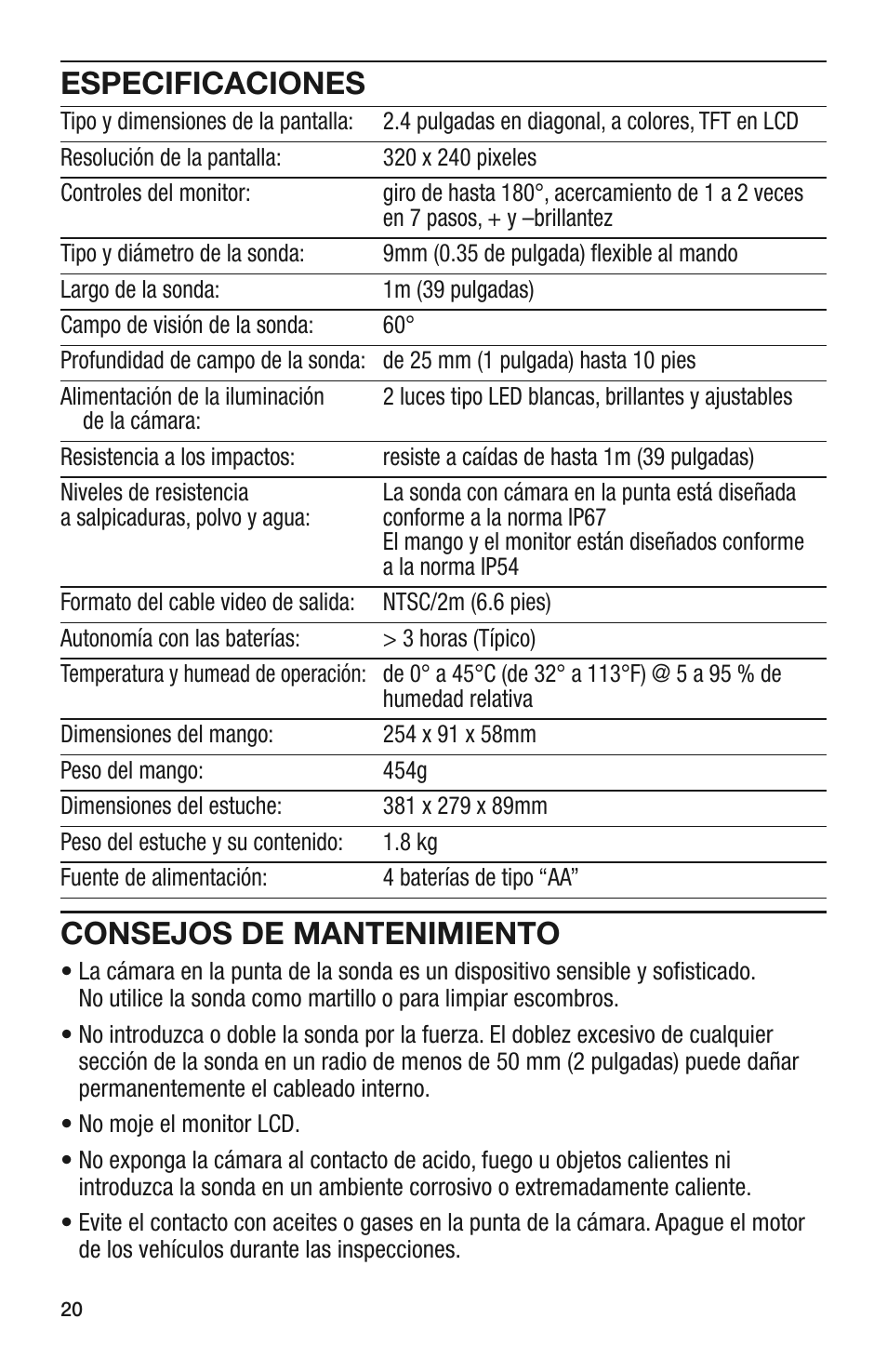 Especificaciones, Consejos de mantenimiento | General Tools and Instruments DCS280 User Manual | Page 20 / 36