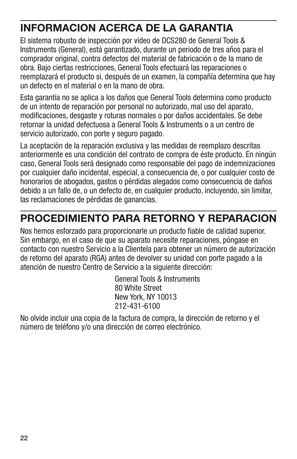 Informacion acerca de la garantia, Procedimiento para retorno y reparacion | General Tools and Instruments DCS280 User Manual | Page 22 / 36