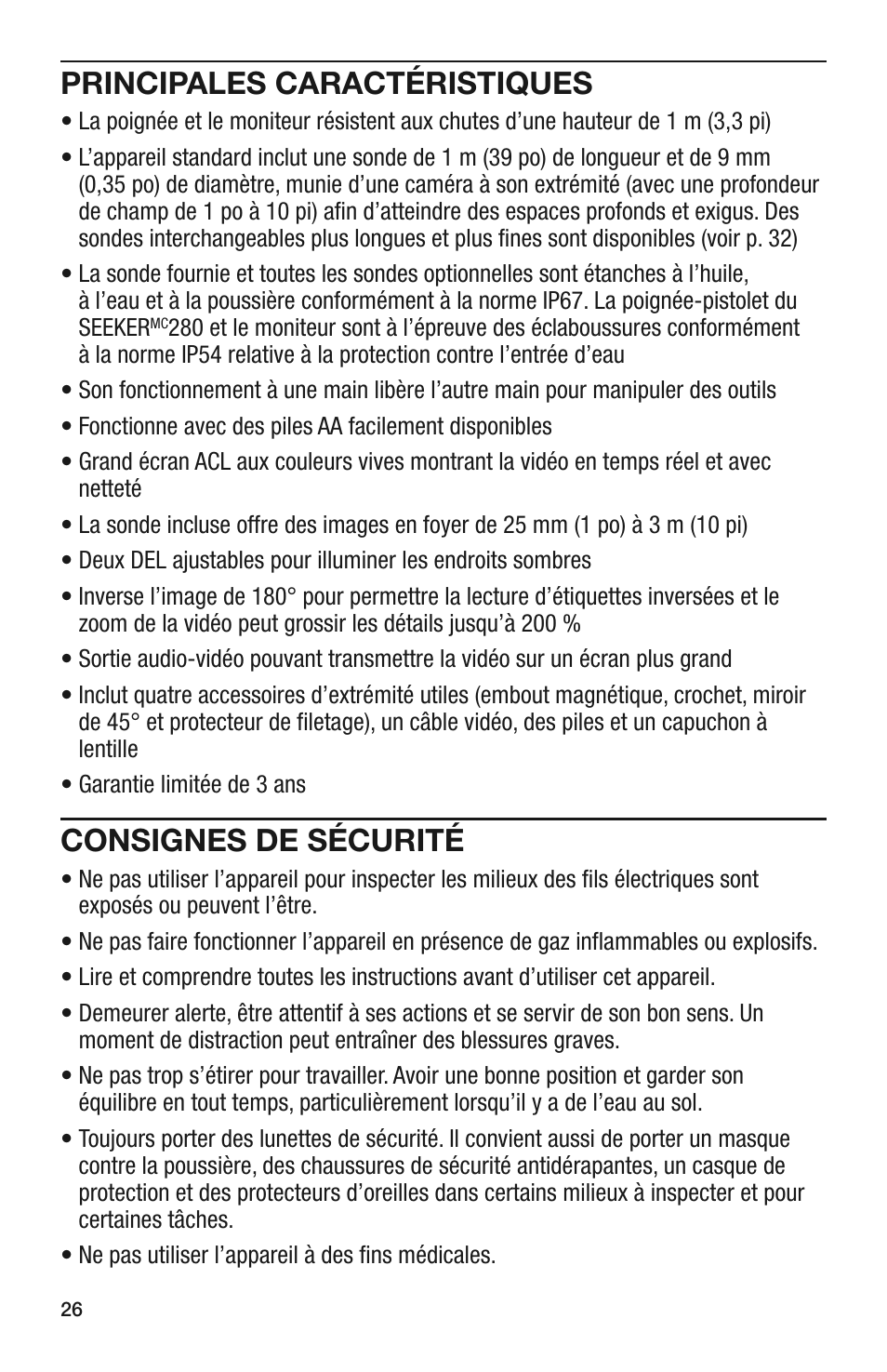 Principales caractéristiques, Consignes de sécurité | General Tools and Instruments DCS280 User Manual | Page 26 / 36