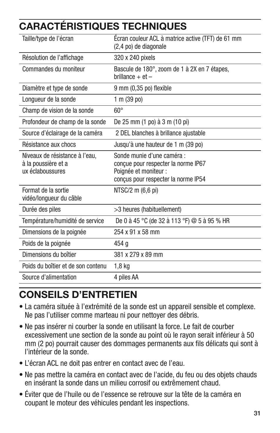 Caractéristiques techniques, Conseils d’entretien | General Tools and Instruments DCS280 User Manual | Page 31 / 36