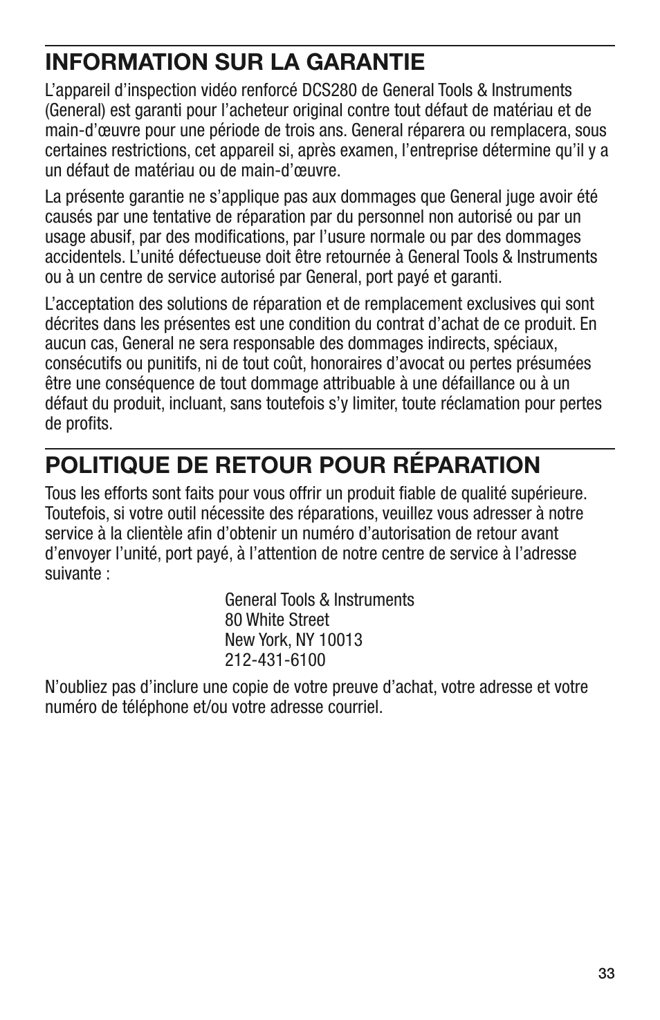 Information sur la garantie, Politique de retour pour réparation | General Tools and Instruments DCS280 User Manual | Page 33 / 36