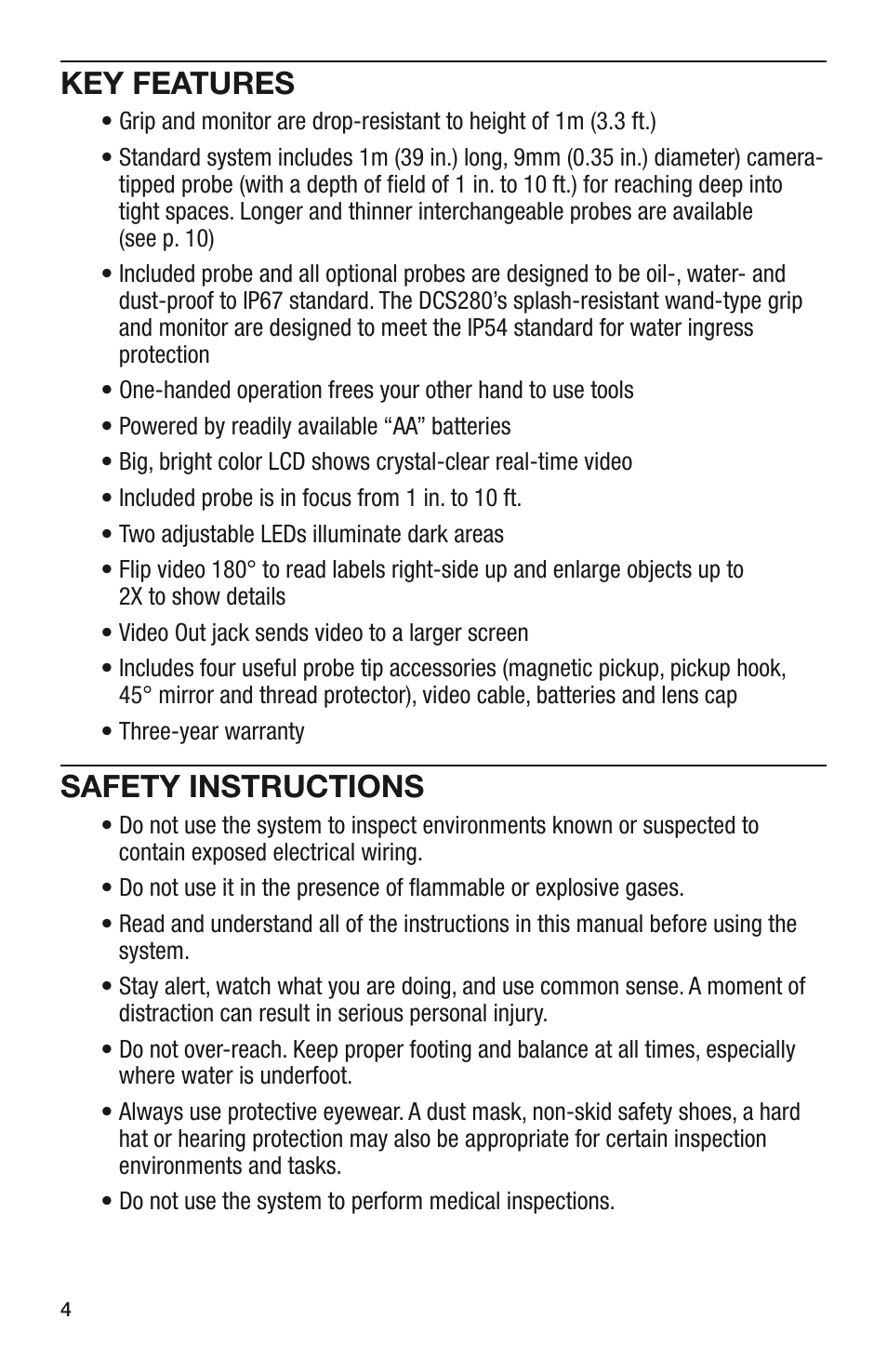 Key features, Safety instructions | General Tools and Instruments DCS280 User Manual | Page 4 / 36