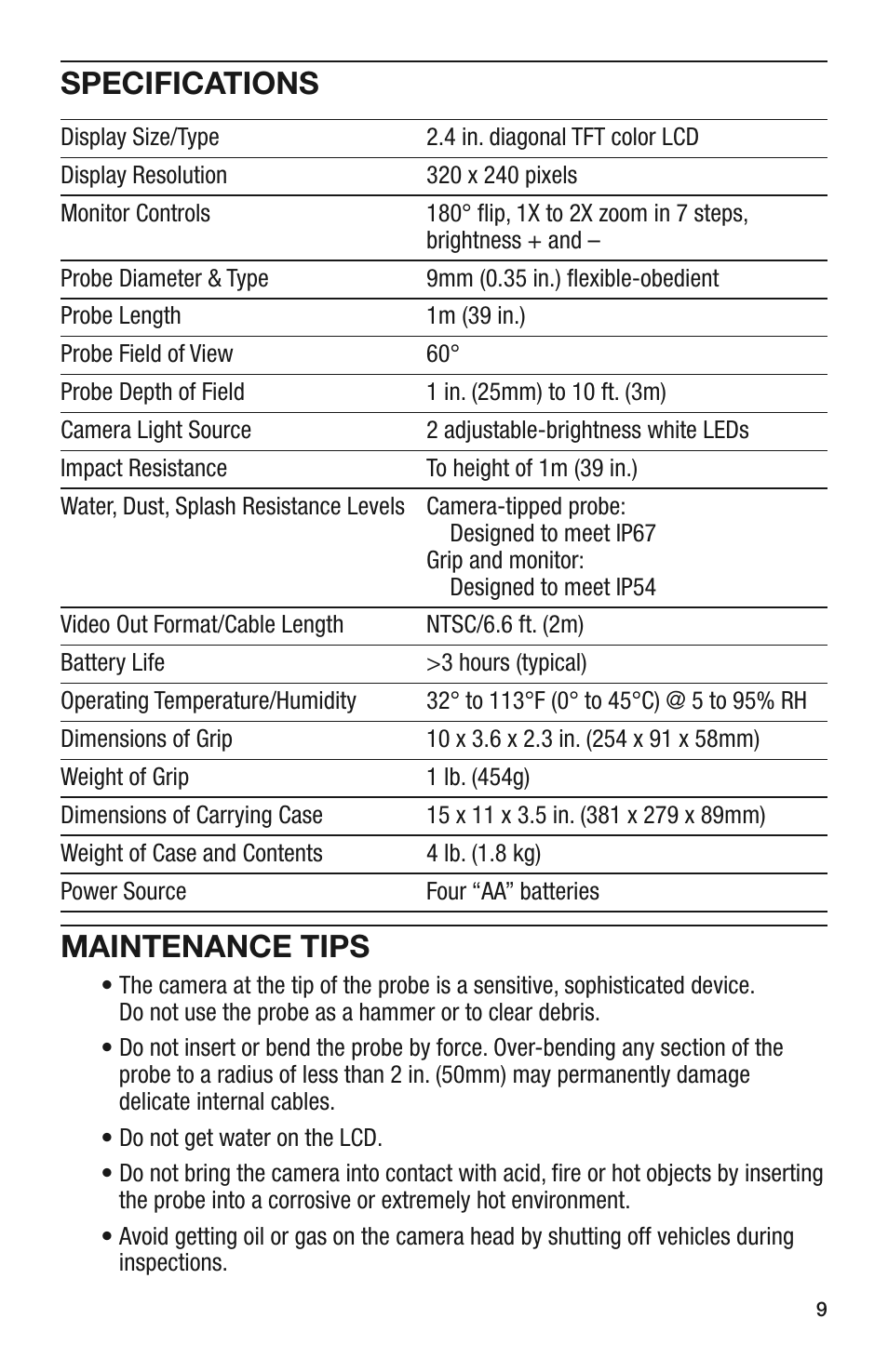 Specifications, Maintenance tips | General Tools and Instruments DCS280 User Manual | Page 9 / 36