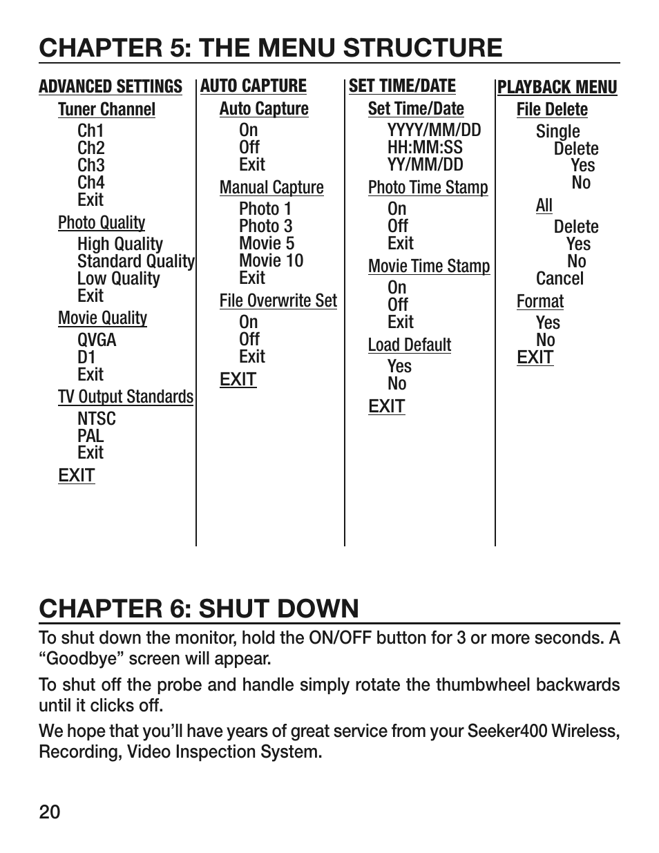Chapter 5: the menu structure chapter 6: shut down | General Tools and Instruments DCS400/DCS400-05/DCS400-09 v.1 User Manual | Page 20 / 24