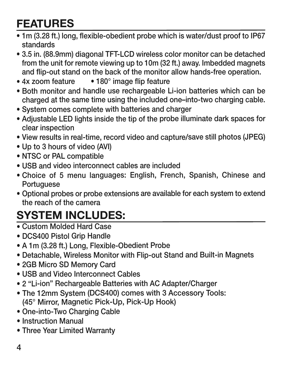 Features, System includes | General Tools and Instruments DCS400/DCS400-05/DCS400-09 v.1 User Manual | Page 4 / 24